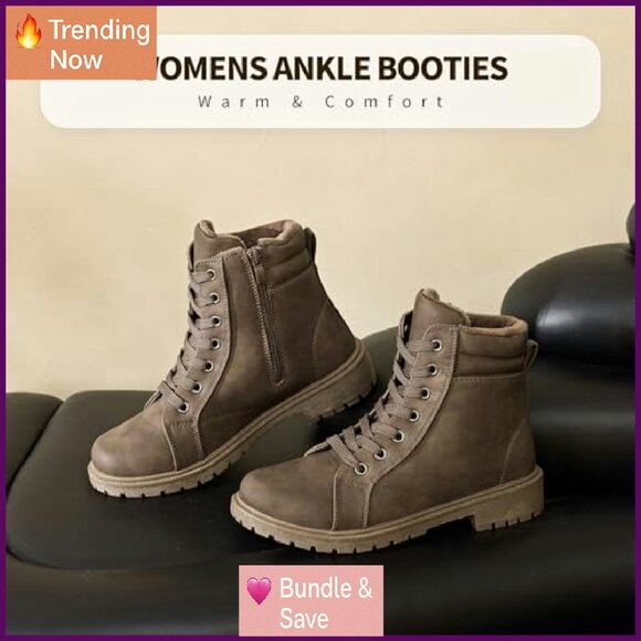 Waterproof Ankle Boots with Fur Lining, Non-Slip Combat Boots, Zipper & Lace-Up - Picture 6 of 8